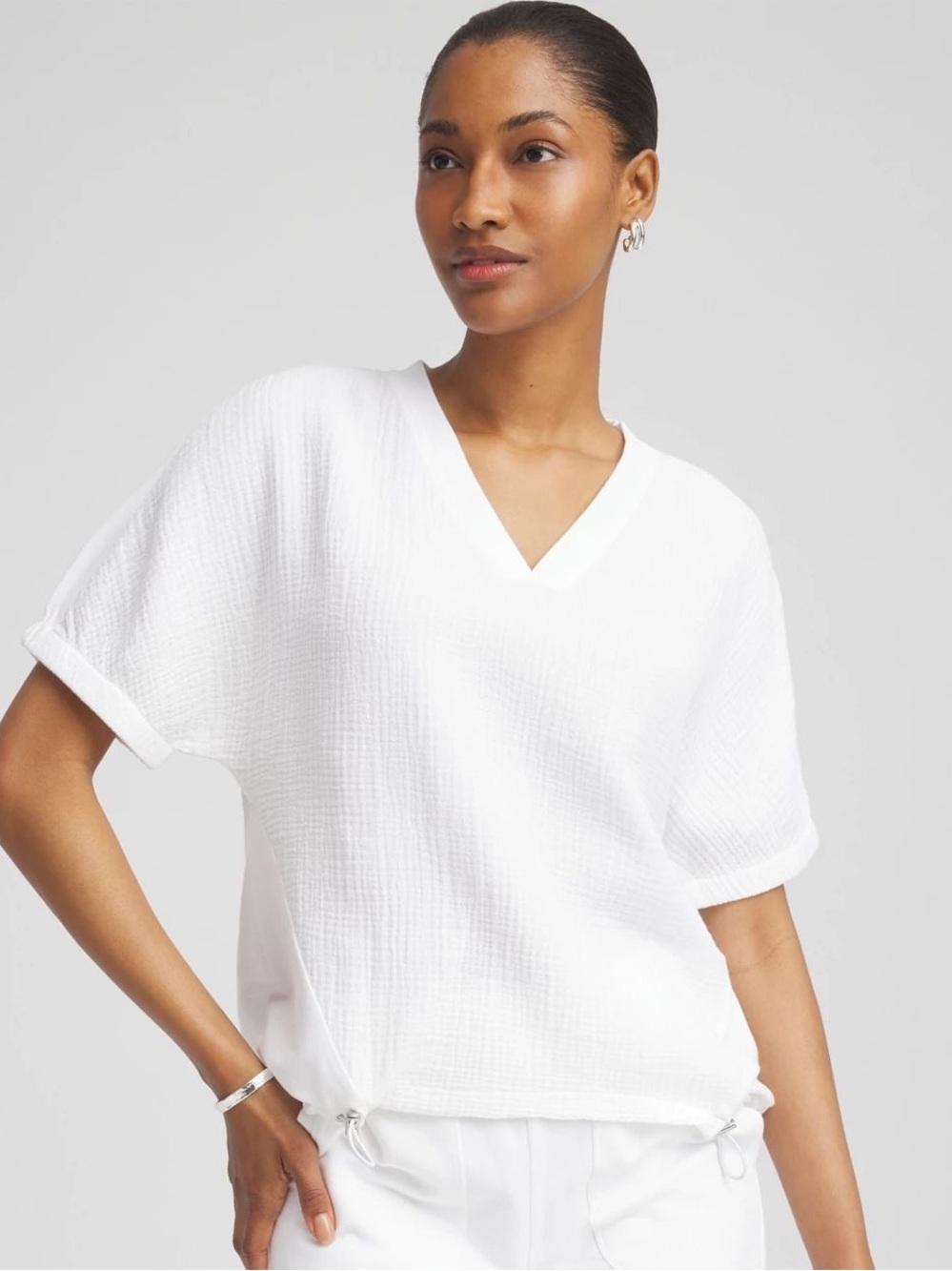 Chico's White Textured V-Neck Short Sleeve Top